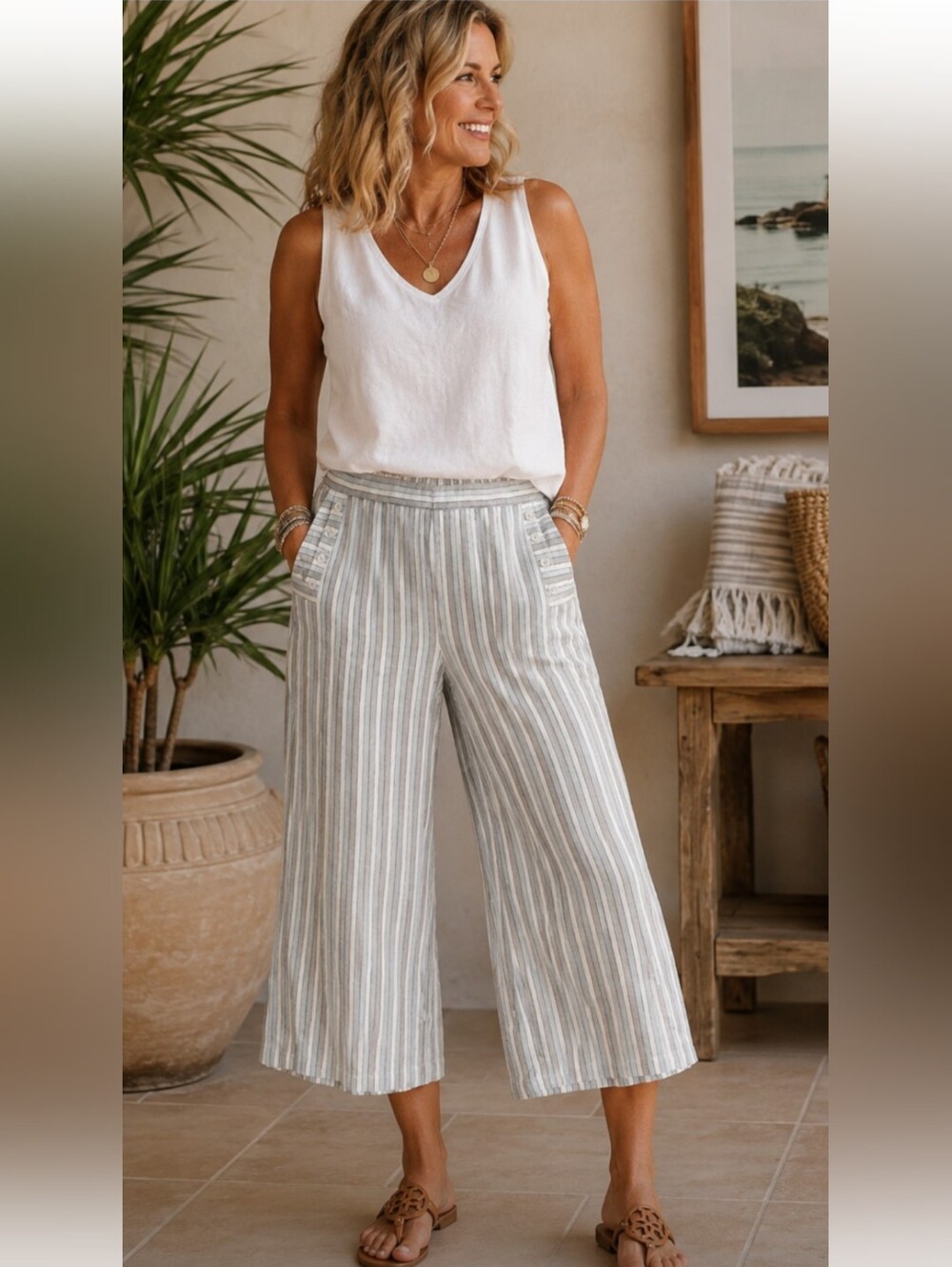 Women's Striped Cropped Linen Blend Pants NWT Rafaella Wide-Leg Crop Pants